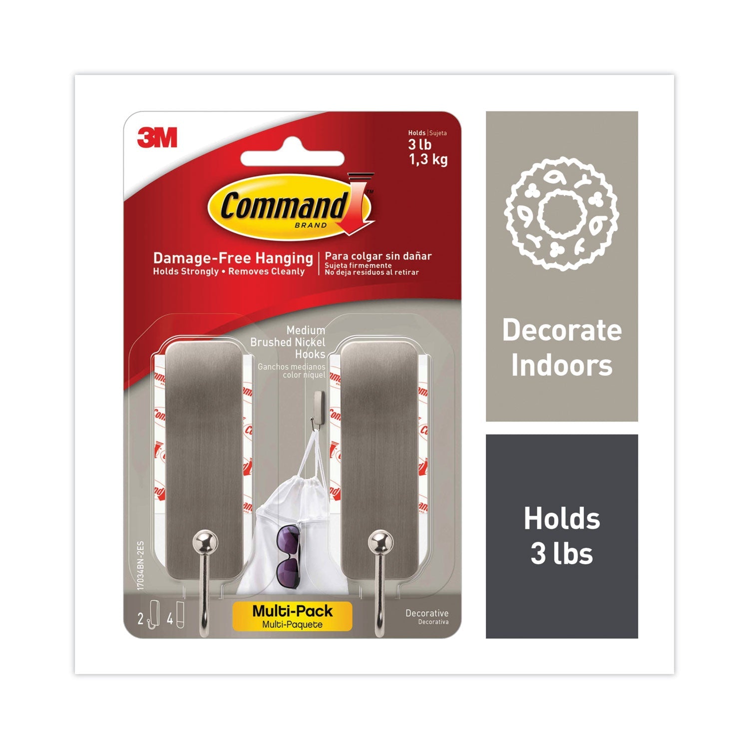 Command Decorative Hooks, Medium, Brushed Nickel, 2 Hook and 4 Strips/Pack