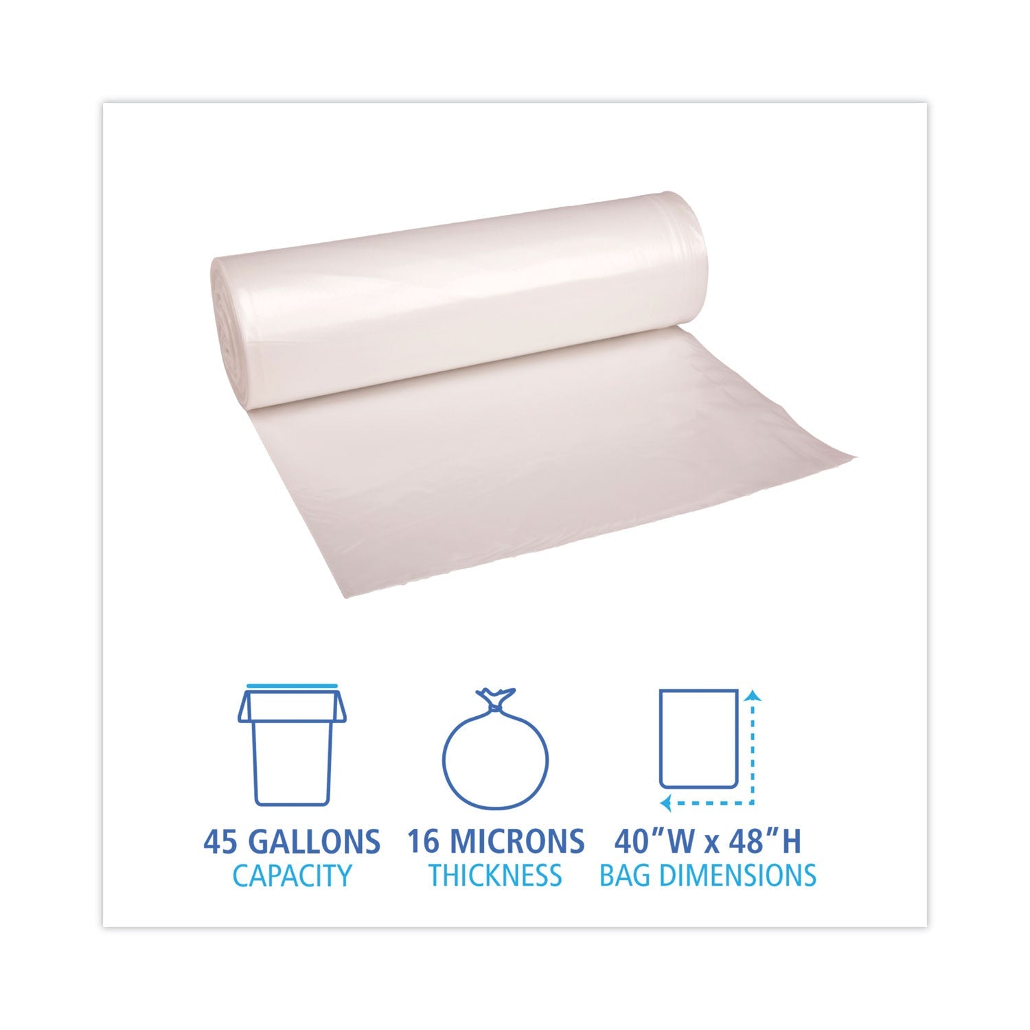 Boardwalk High Density Industrial Can Liners Coreless Rolls, 45 gal, 16 microns, 40 x 48, Natural, 10 Rolls of 25 Bags