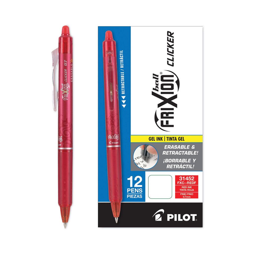 Pilot FriXion Clicker Erasable Gel Pen, Retractable, Fine 0.7 mm, Red Ink, Red Barrel