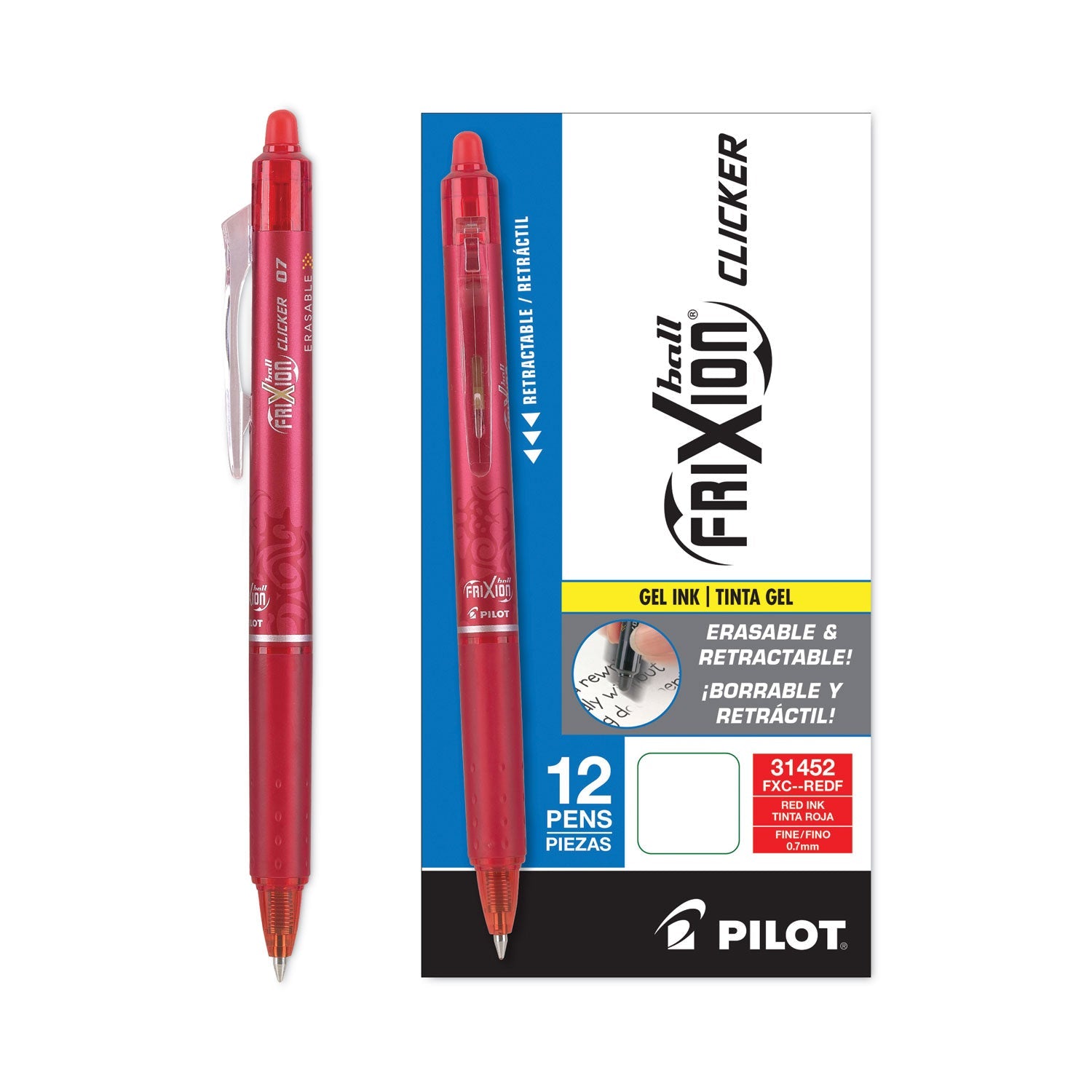 Pilot FriXion Clicker Erasable Gel Pen, Retractable, Fine 0.7 mm, Red Ink, Red Barrel