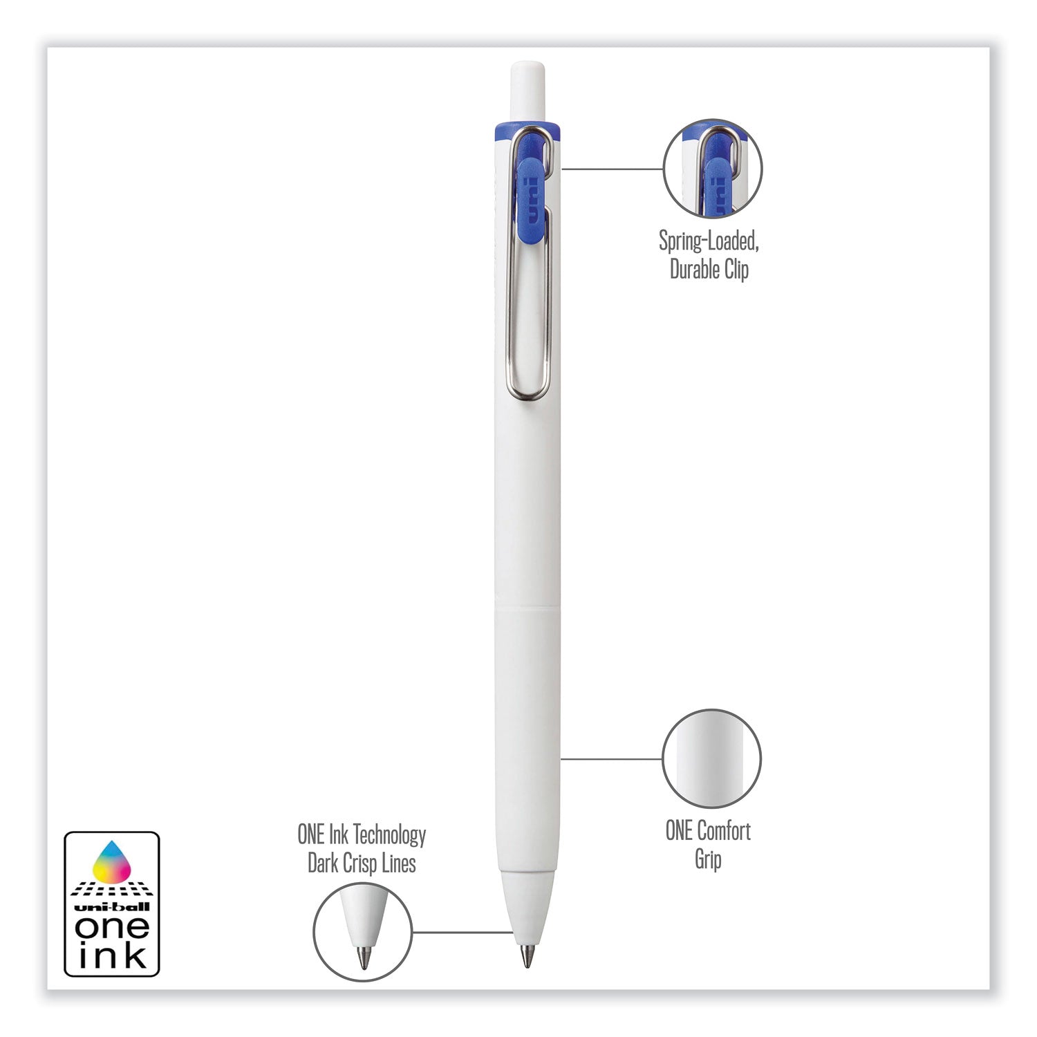 uniball uniONE Gel Pen, Retractable, Medium 0.7 mm, Blue Ink, White Barrel, Dozen