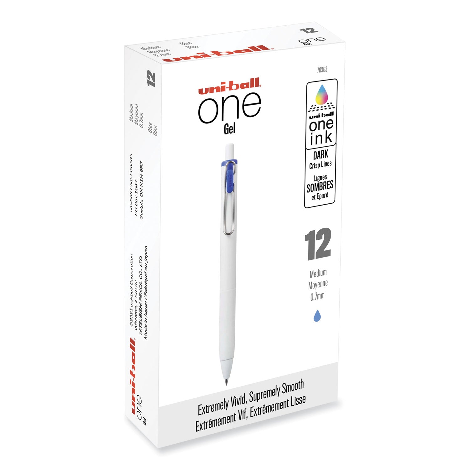 uniball uniONE Gel Pen, Retractable, Medium 0.7 mm, Blue Ink, White Barrel, Dozen