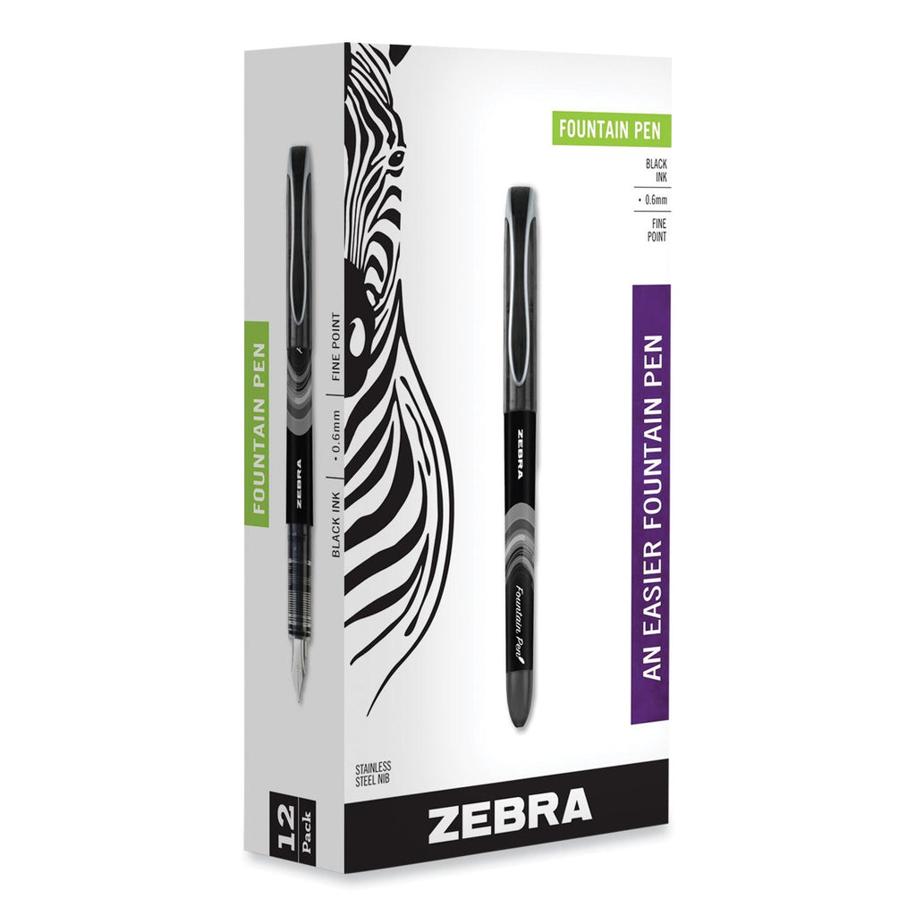 Zebra Fountain Pen, Fine 0.6 mm, Black Ink, Black, 12/Pack