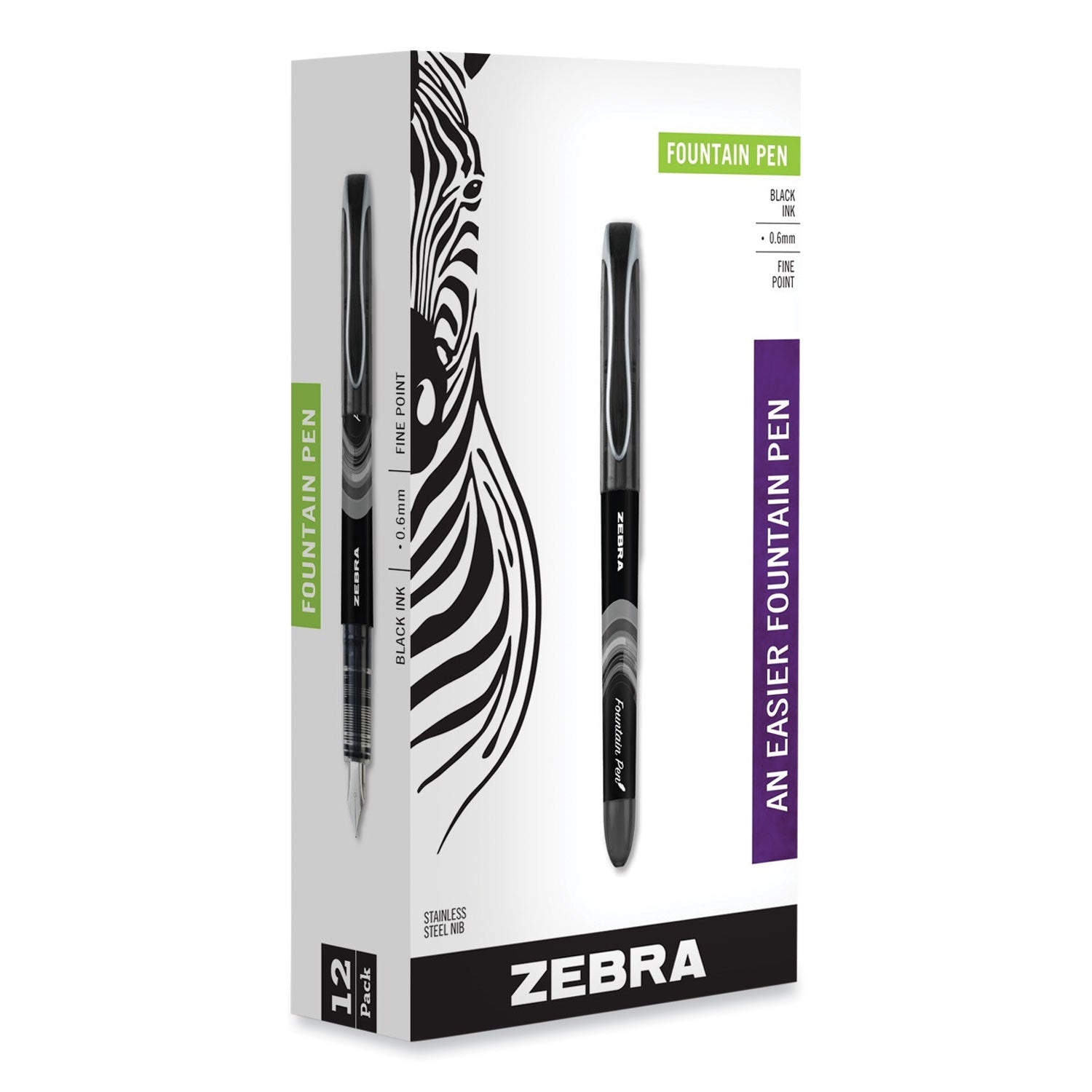 Zebra Fountain Pen, Fine 0.6 mm, Black Ink, Black, 12/Pack