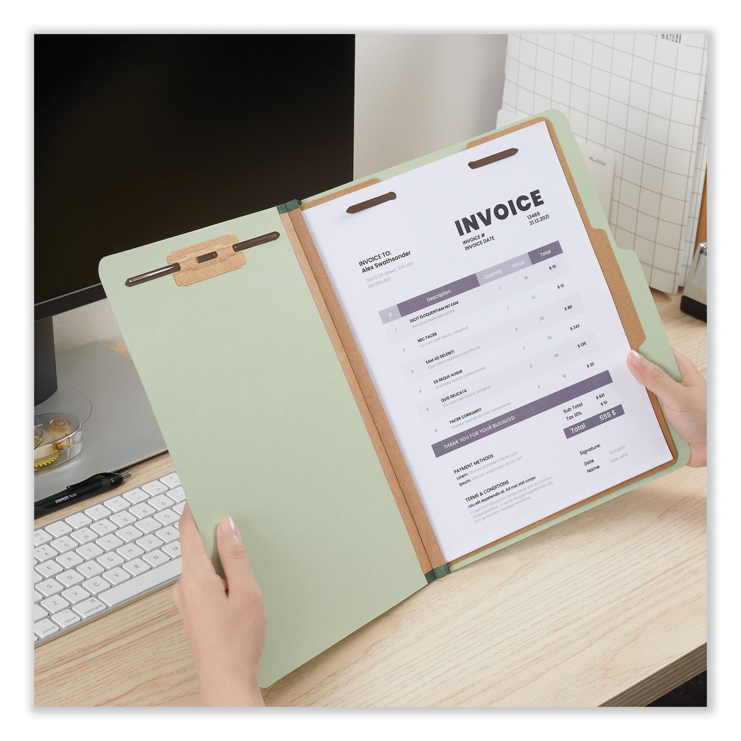 Universal Four-Section Pressboard Classification Folders, 1 Divider, Letter Size, Green, 10/Box