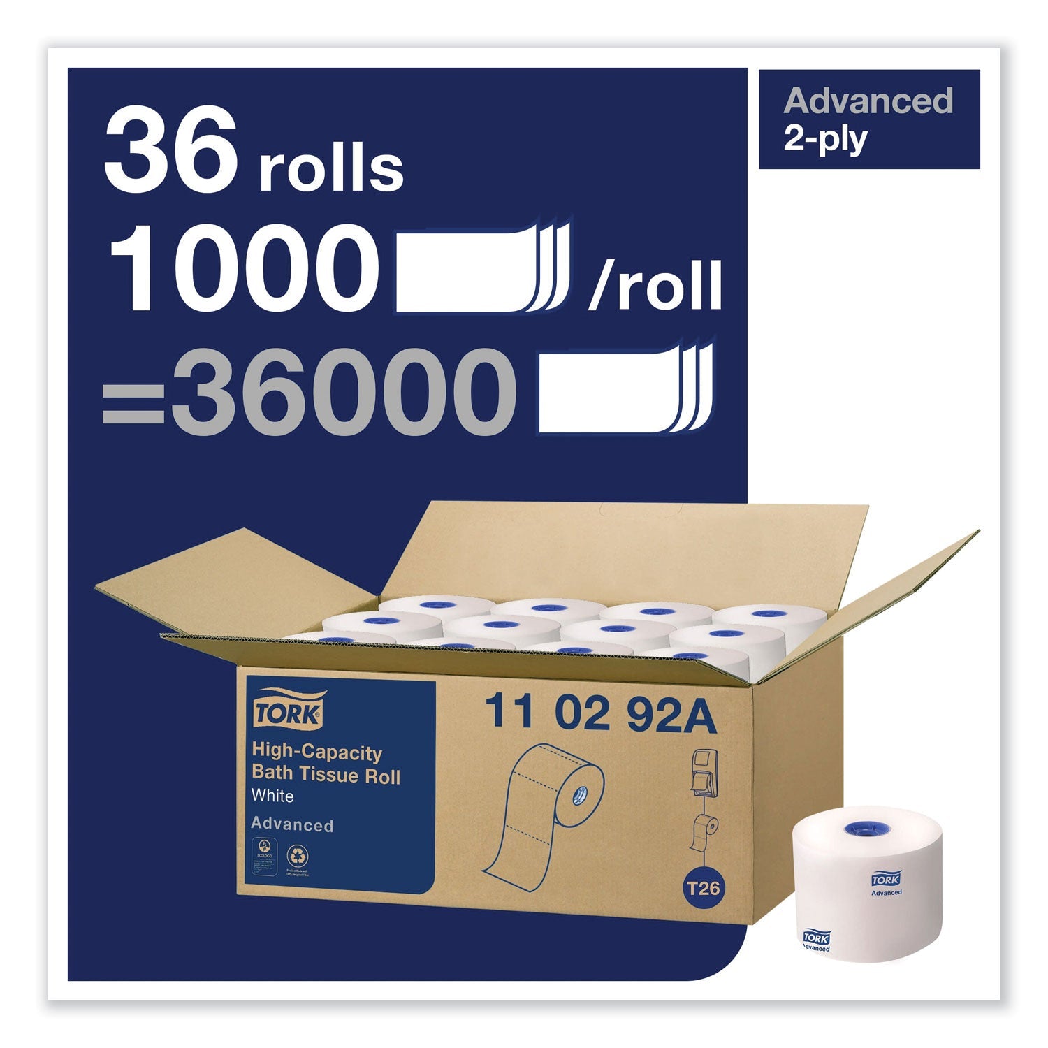 Tork Advanced High Capacity Bath Tissue, Septic Safe, 2-Ply, White, 1,000 Sheets/Roll, 36/Carton
