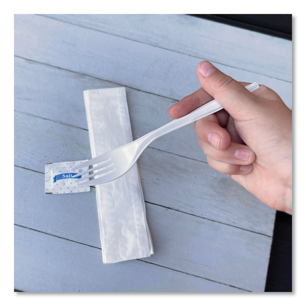 Boardwalk Three-Piece Utensil Set, Fork/Napkin/Salt Packet, White, 500/Carton