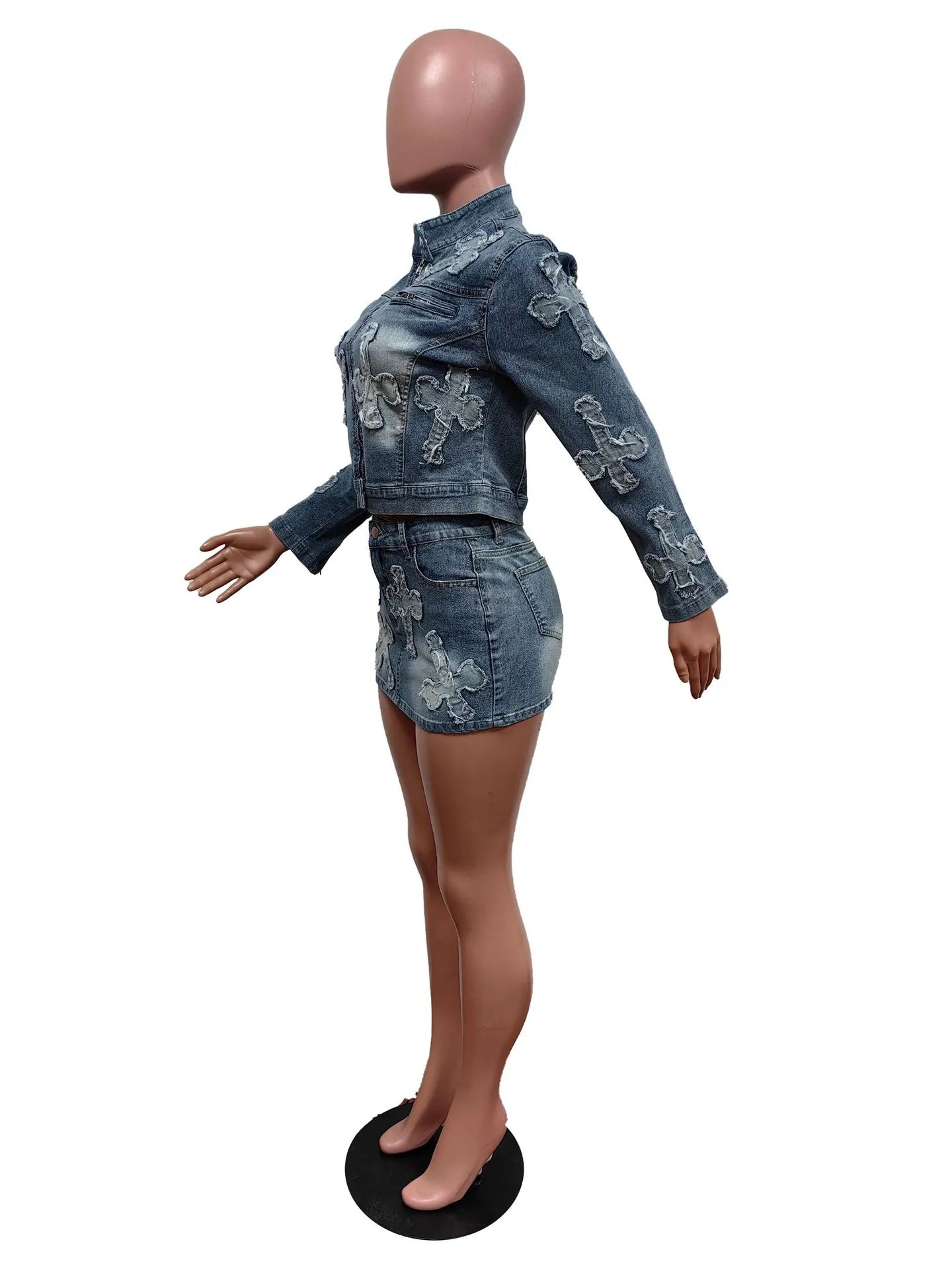 Denim Embroidered Skirt & Jacket Set