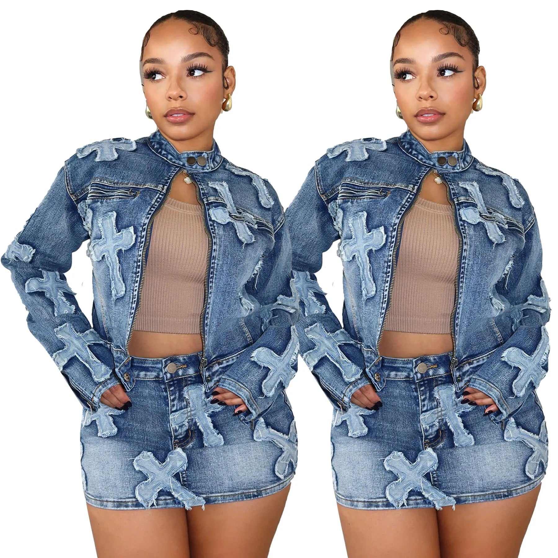 Denim Embroidered Skirt & Jacket Set