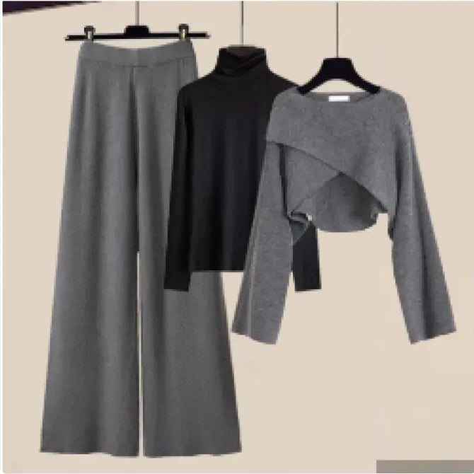 3pcs Knitted Sweater & Wide-Leg Pants Set